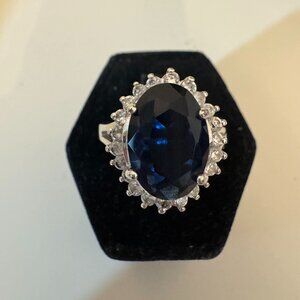 925 Sterling Silver Sapphire Color Halo Ring Size 8 Statement Cocktail
